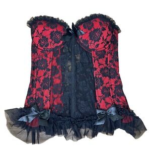 Daisy Corsets Women's 2XL Red Black Lace Rose Boned Bows Tulle Valentine Sexy